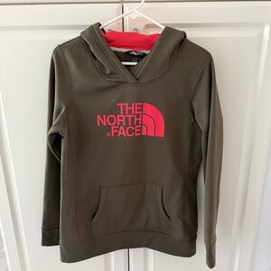 The North Face Olive Green Hoodie with Pink Logo